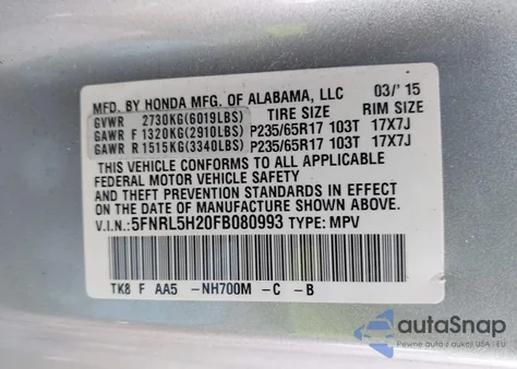 2015 Honda Odyssey Lx z USA, uszkodzony, nr VIN 5FNRL5H20FB080993
